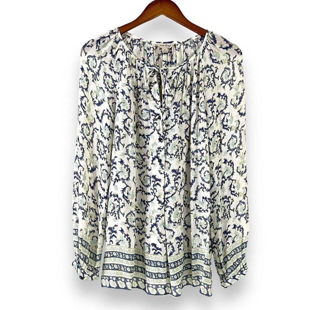 Lucky Brand Blue Paisley Tunic Blouse S Ivory Boho Peasant Chiffon Long Sleeve